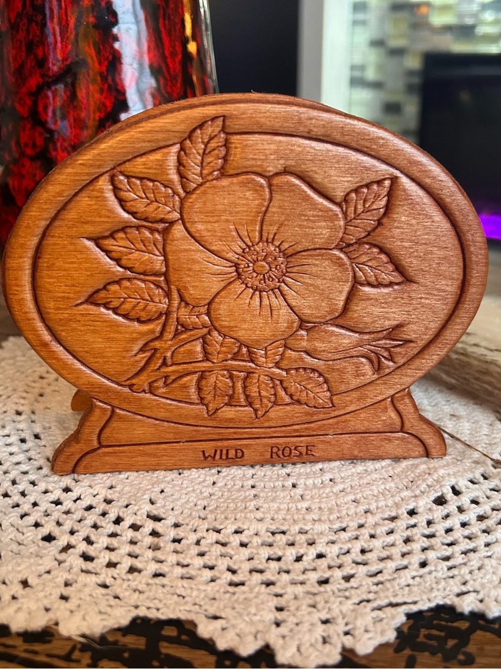 Vintage Canadian Wild Rose Carved Wooden Napkin Holder | Alberta Provincial